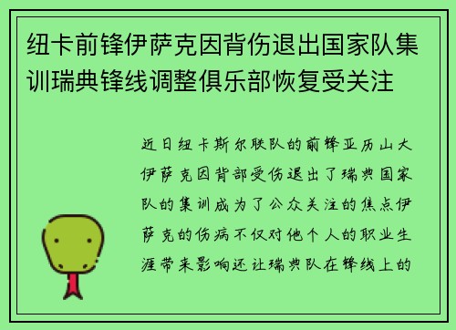 纽卡前锋伊萨克因背伤退出国家队集训瑞典锋线调整俱乐部恢复受关注 纽卡前锋伊萨克因背伤退出国家队集训瑞典锋线调整俱乐部恢复受关注